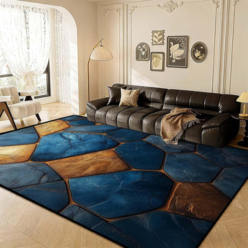 4x6 Marble Tiles Rug, Stone Tile Area Rug, Blue and Gold Geometry Marble Rugs, Washable Luxury Modern Contemporary Carpet