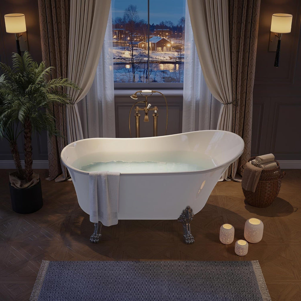 Freestanding Clawfoot Bathtub 67 Inch Acrylic Slipper Soaking Tub with Chrome Feet & Pop-Up Drain, Elegant Stand