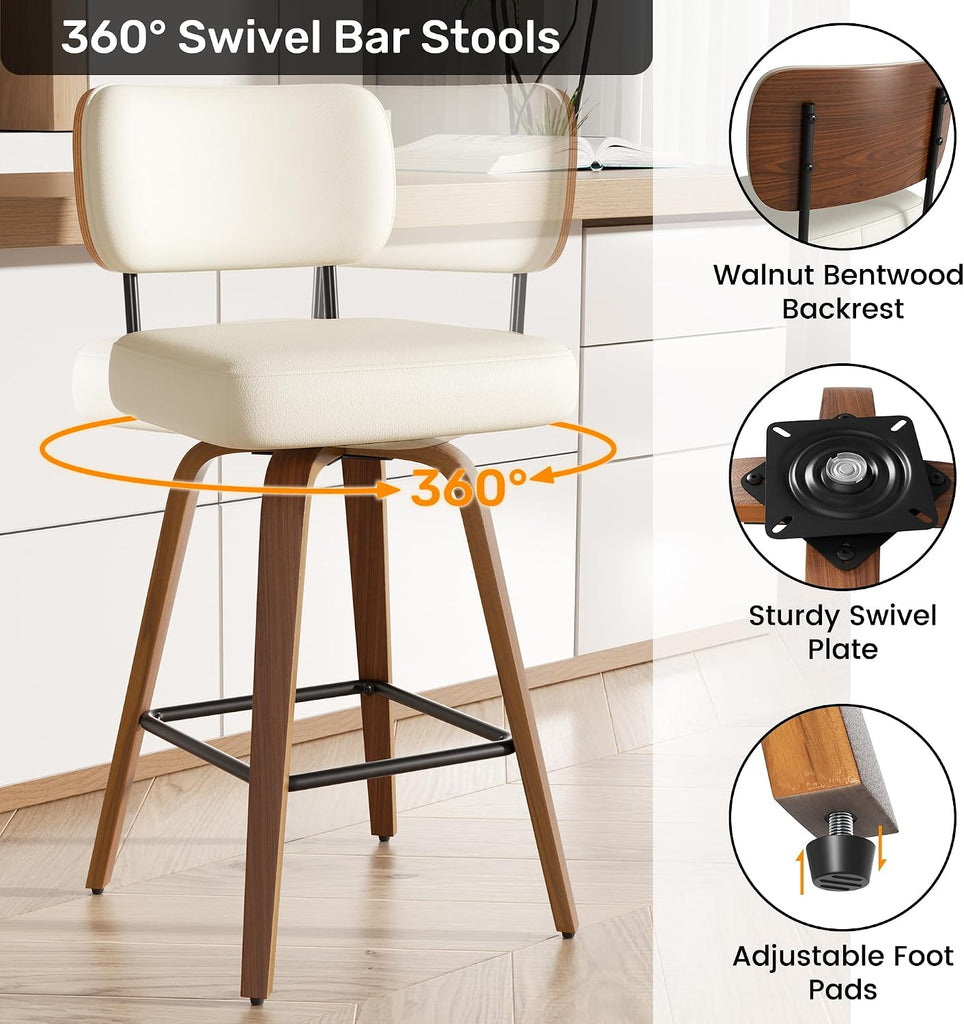 Swivel Bar Stools Set of 2, 26" Upholstered Faux Leather Counter Height Barstools with Walnut Back & Bentwood Legs