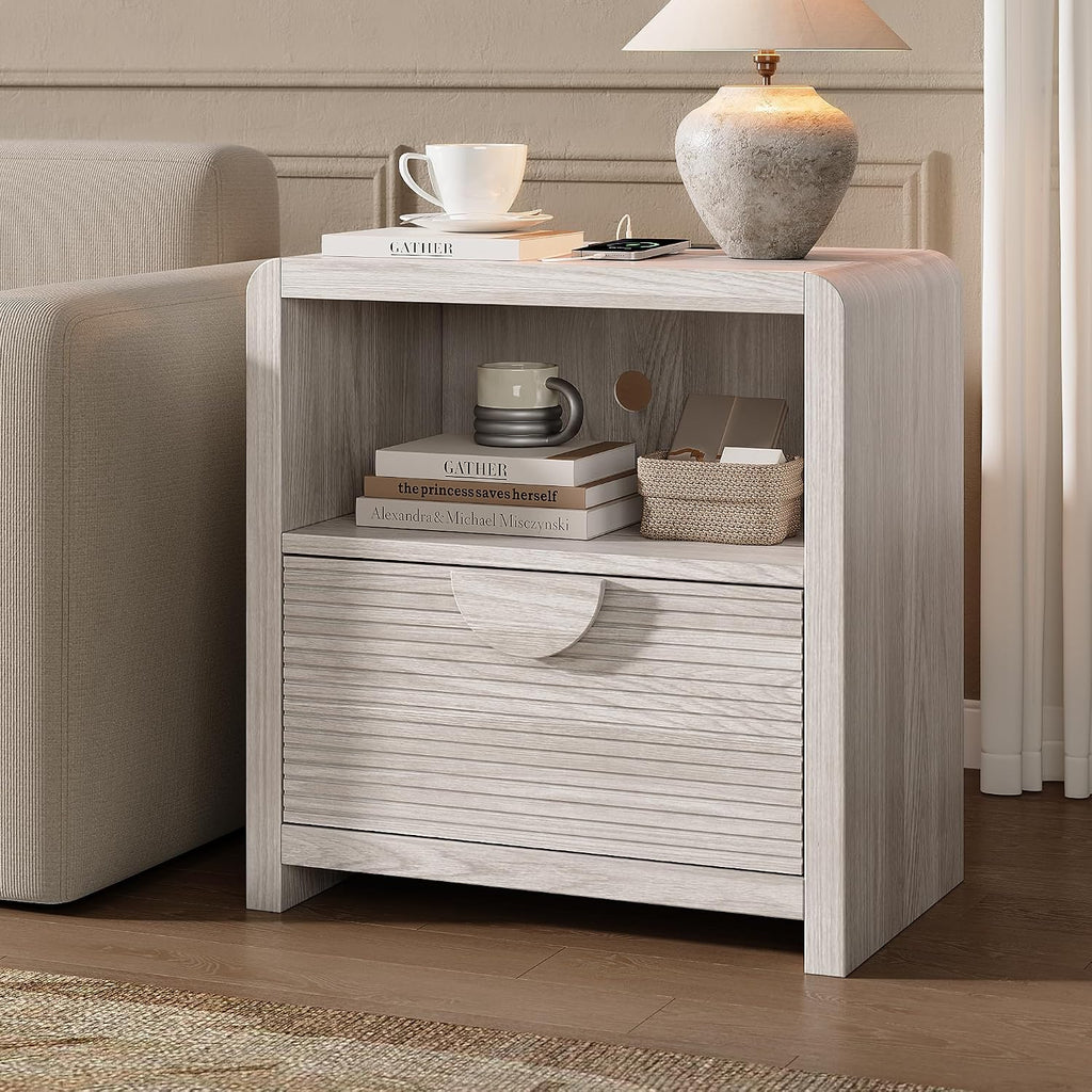 Fluted Nightstands Set of 2 with Charging Station, 23" Wide Wood Bedside Tables with Drawer and Open Compartment, Mid