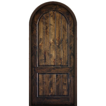 96-Inch Knotty Alder Entry Door — 2-Panel V-Grooved Circle Top, Solid Wood Exterior