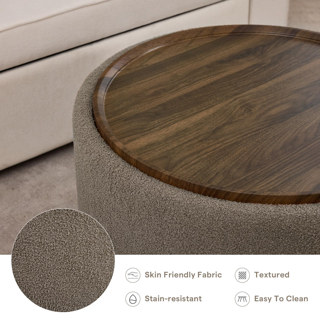 29.5 Inch Round Storage Ottoman Coffee Table, Brown Teddy