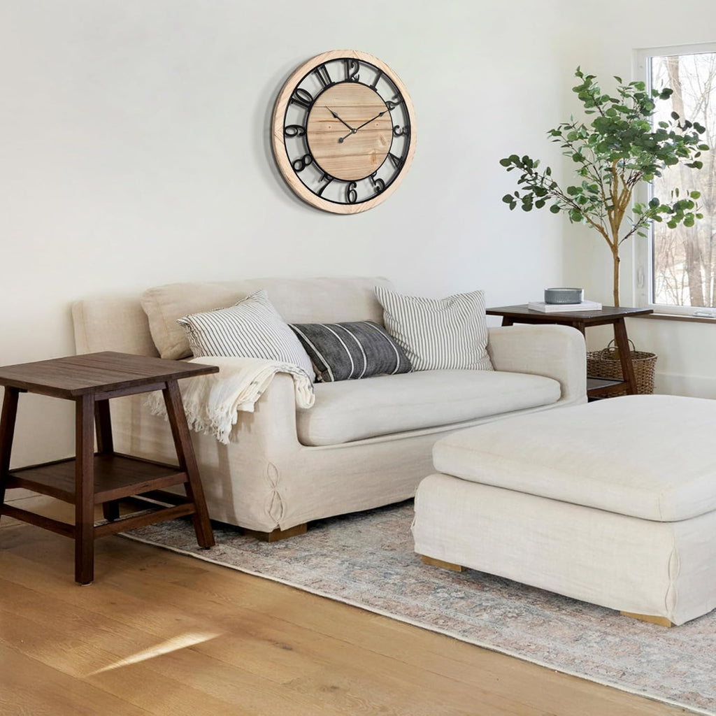 20 Inch Large Wall Clock - Rustic Wooden Silent Non-Ticking Wall Clock with Black Metal Frame