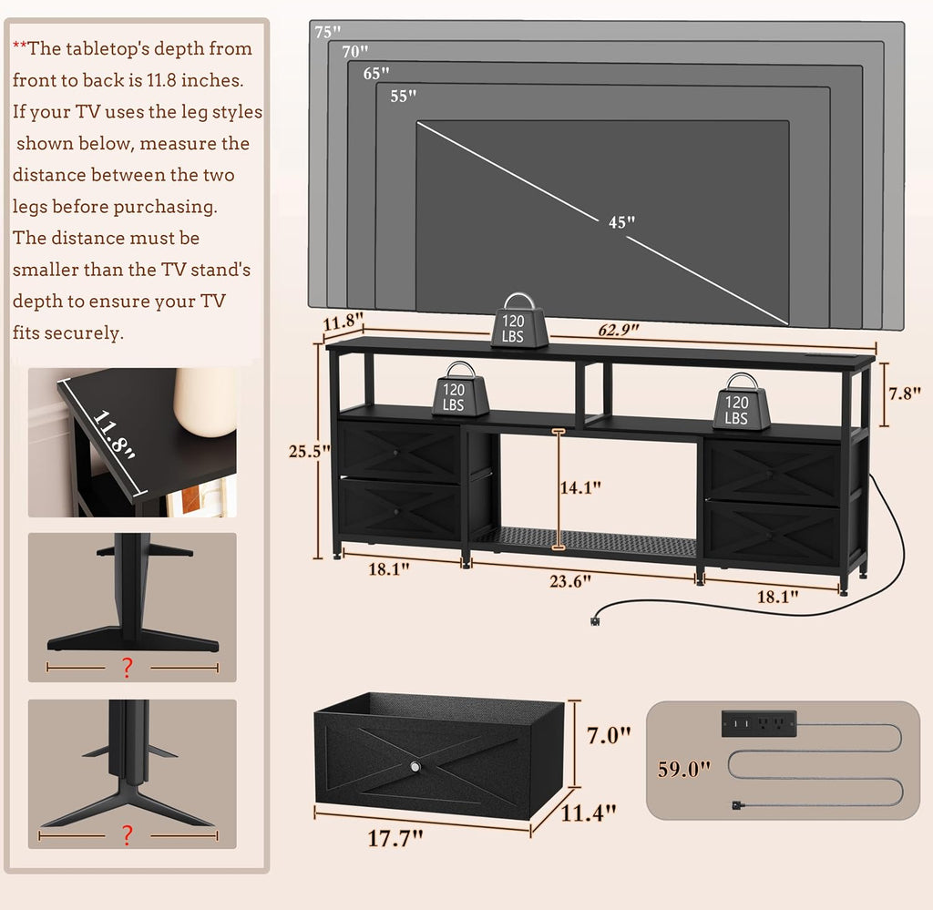 TV Stand with Fabric Drawers for 65 70 75 Inches TV - Entertainment Center with Open Storage Shelf, Power Outlets & LED Lights for Living Room, Bedroom, 63" TV Console Media Console, Black
