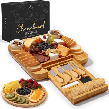 Premium Bamboo Charcuterie Board - Extra Thick Bamboo Board with 4 Piece Knife Set - Perfect for Charcuterie, Wine