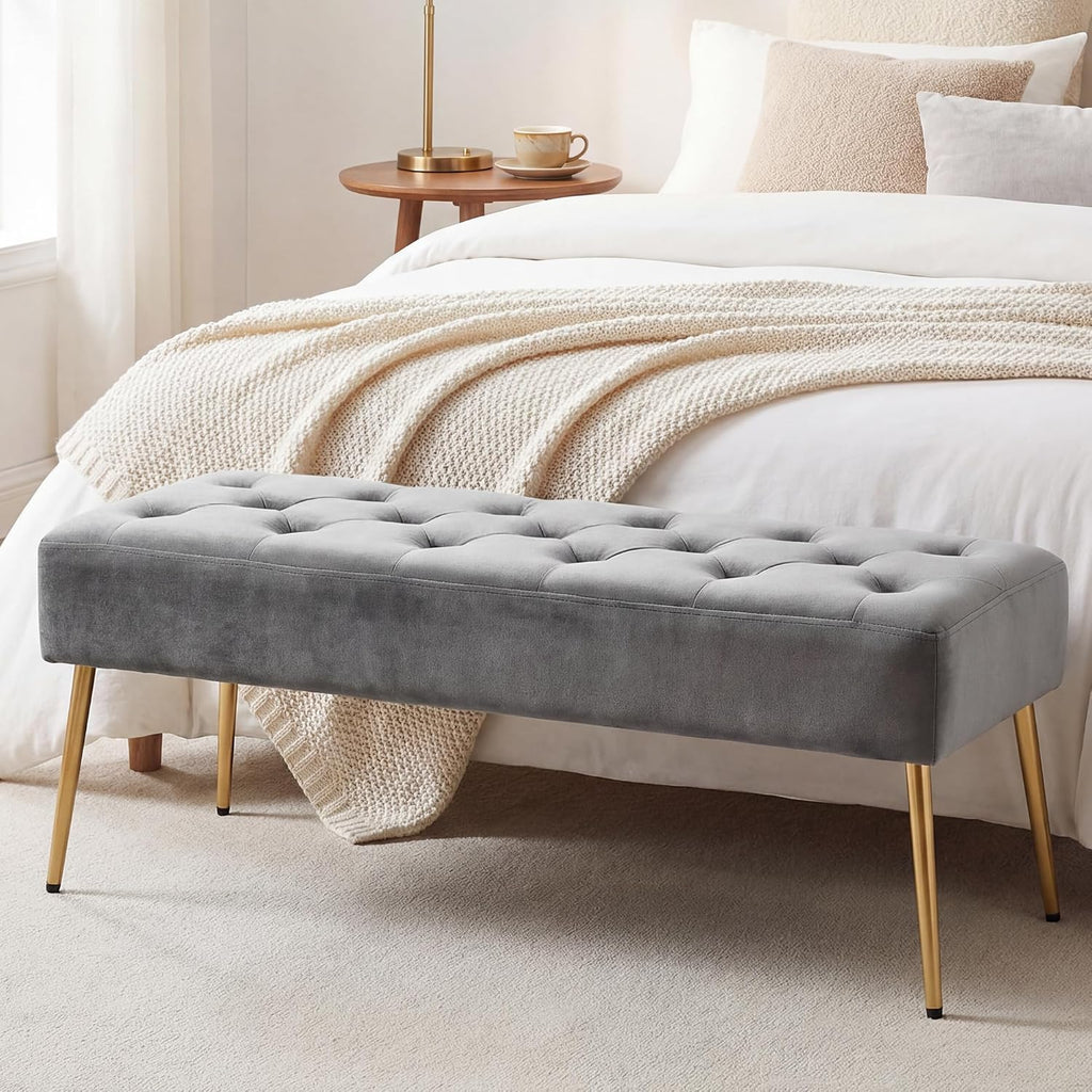 Modern Velvet Ottoman Bench, Button-Tufted Upholstered Bedroom Benches,End of Bed Bench with Gold Base Living Room