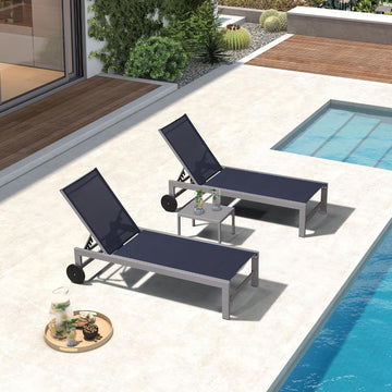 Patio Lounge Chair Set for 2, All Weather Aluminum, Navy Blue | Powder-coated aluminum holds 270 lbs, quick-dry