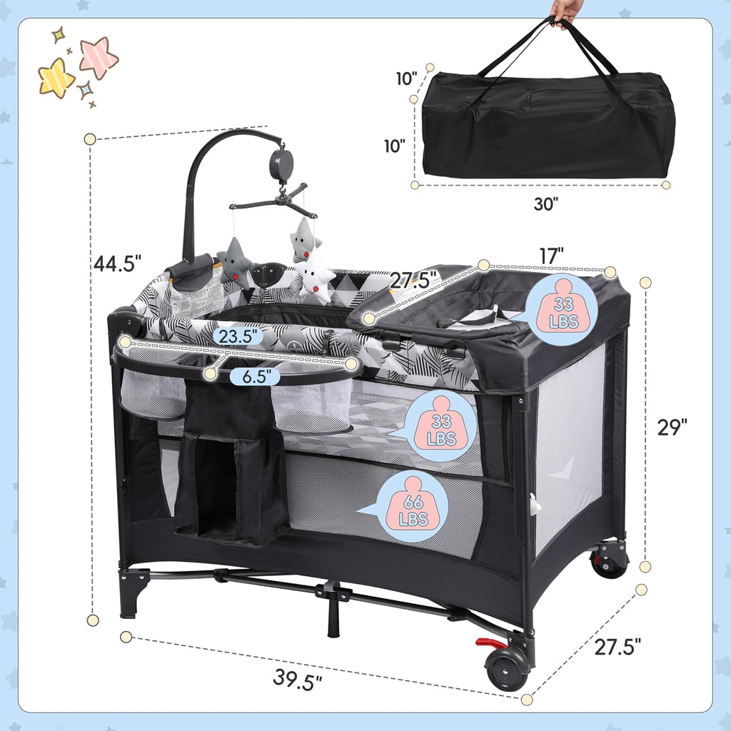 5-in-1 Pack and Play with Changing Table, Baby Bassinet Bedside Sleeper with Storage Bag & Music Box, Portable Baby