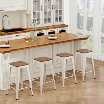 24" Metal Bar Stools Set of 4 White Counter Height Stools with Wood Seat Stackable Backless Industrial Style Stools