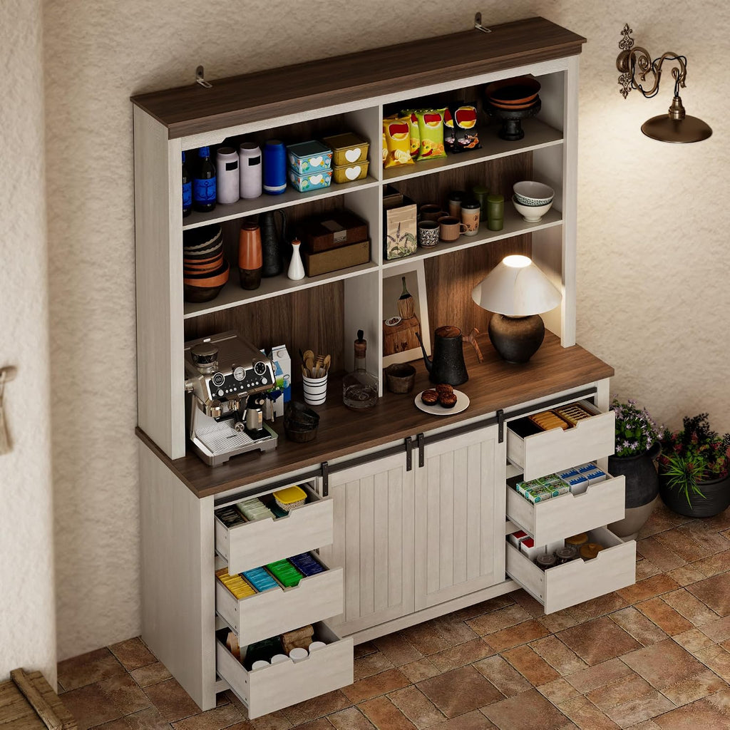 78.8" H Farmhouse Kitchen Hutch Cabinet with 3-Tier Open Shelves, Storage Pantry Cabinet with Wide Countertop, 6