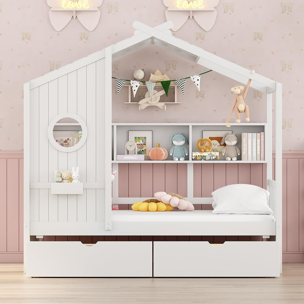Twin Size House Bed with Storage Drawers,Kids House Bed Frame with Shelves,Cute Wood House Bed Twin with Roof for