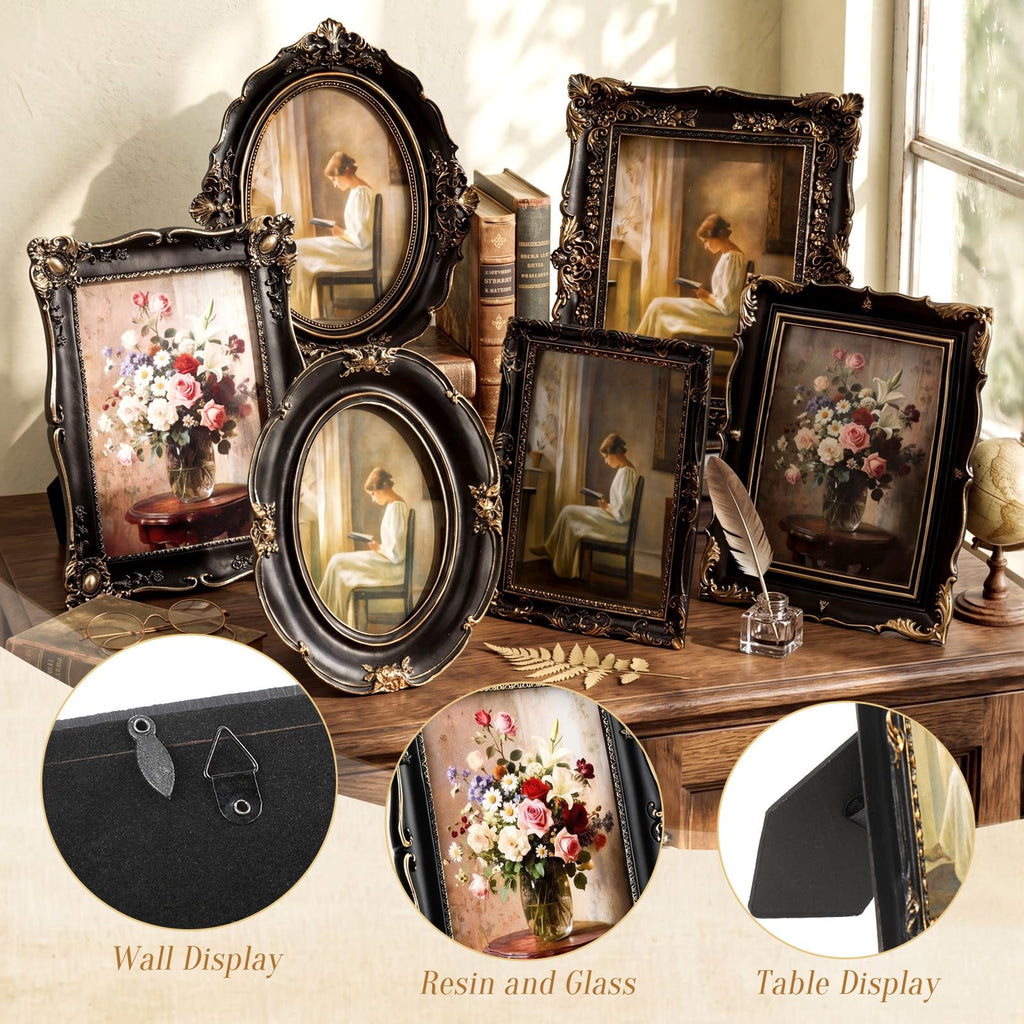 6 Pcs Vintage Picture Frames for Wall Tabletop, Black