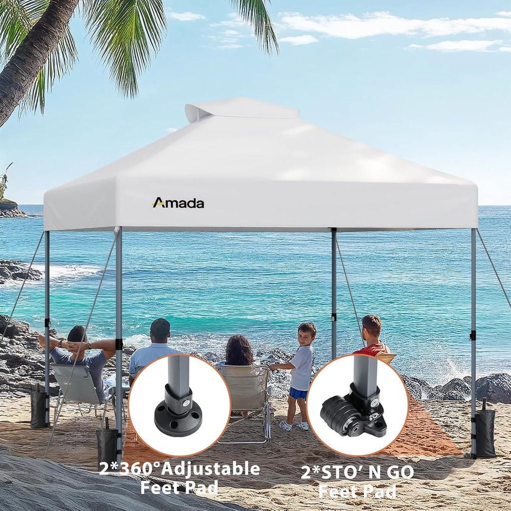 10x10 Pop Up Canopy Tent, 1-Button Push Easy-up Outdoor Canopy Beach Tent with 3-Height Adjustable Sun Shade