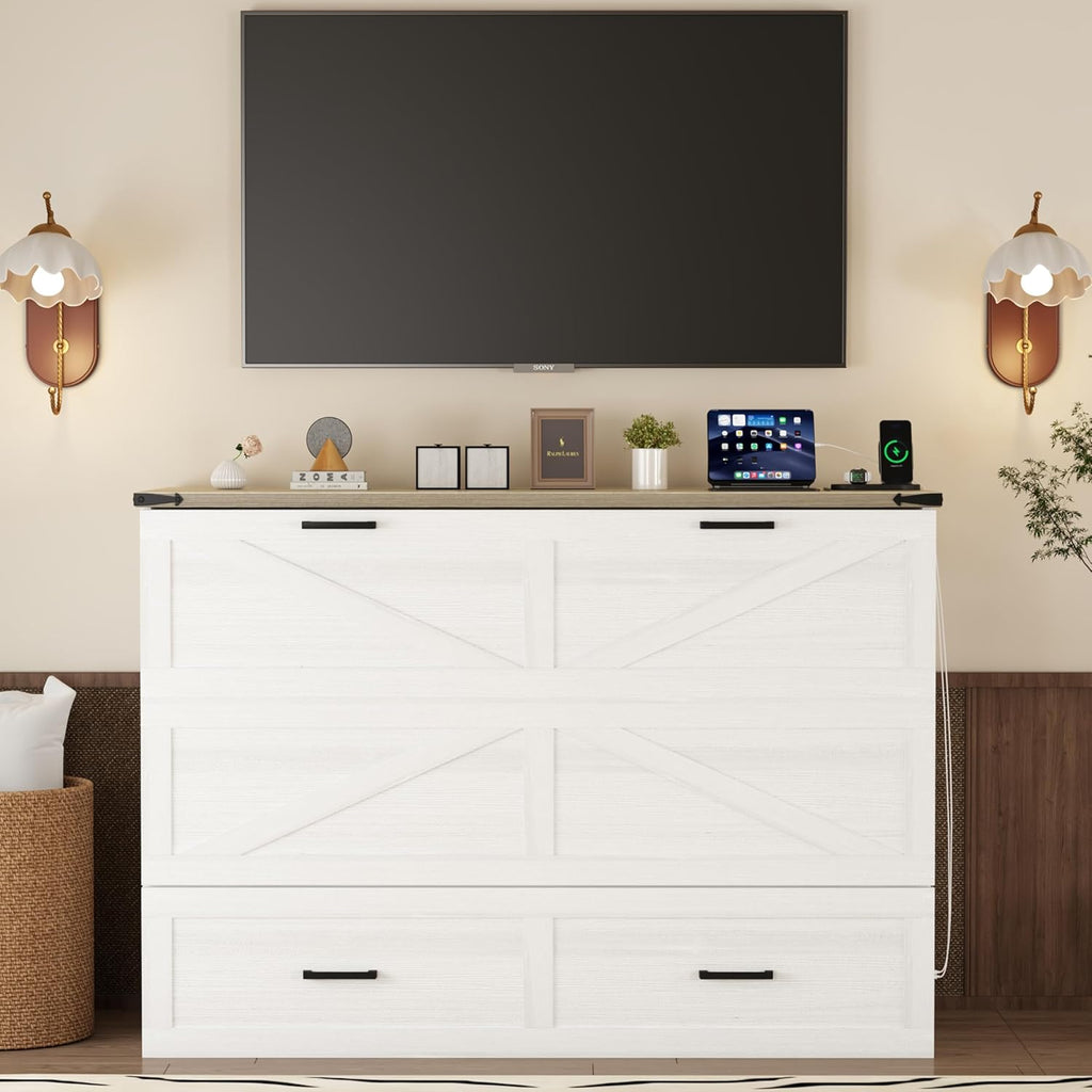Modern Farmhouse Solid Wood Murphy Cabinet Bed with Charging Station, Foldable Wall Platform Bed with Storage
