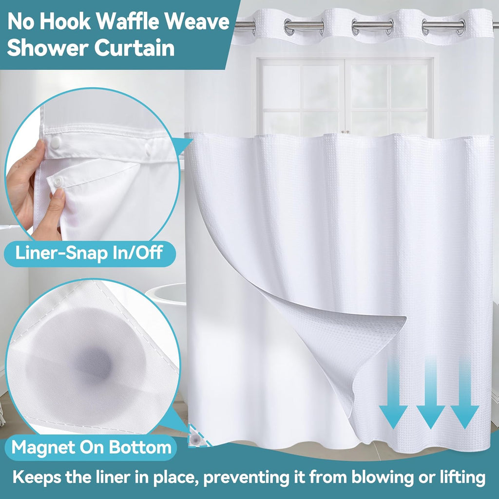 No Hook Waffle Weave Shower Curtain with Snap in Liner Set, Hotel Luxury White Shower Curtains with See Through Top