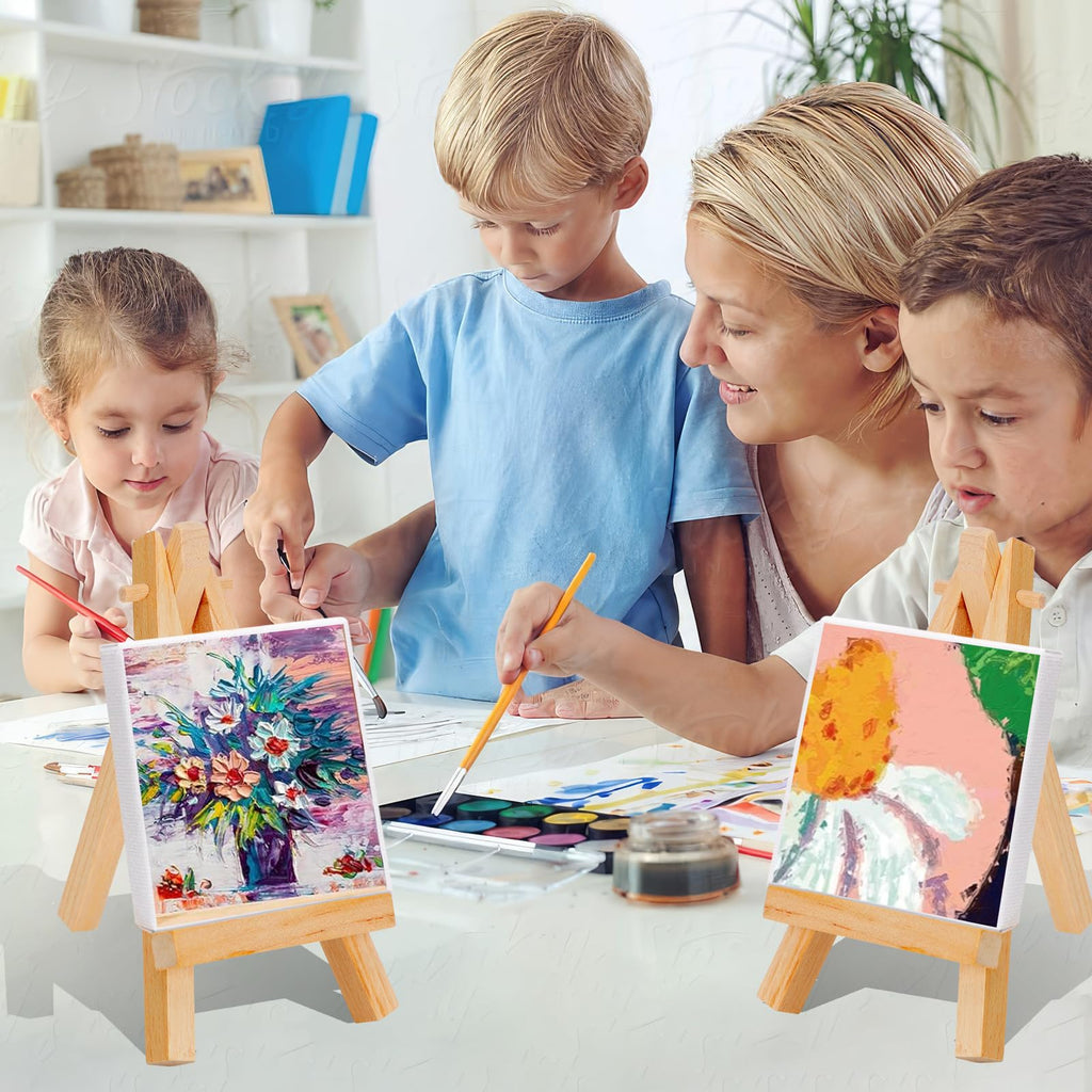 5" Mini Wood Display Easel 24 Pack, Natural Wooden Small Easel Stand for Signs, Small Canvases, Table Display