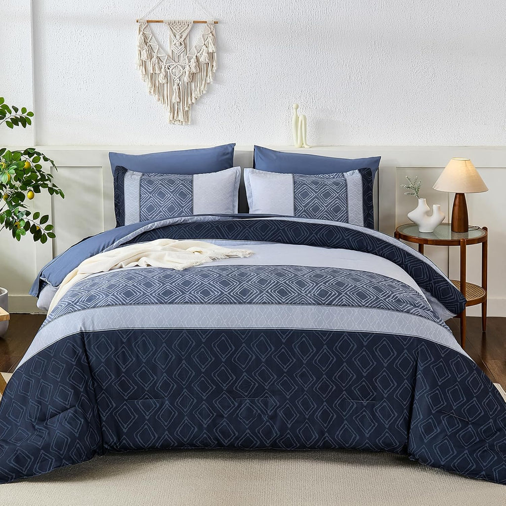 Blue Comforter Set,Striped Boho Bed in a Bag 7 Pieces Soft Fall Bedding Comforters Microfiber Mineral
