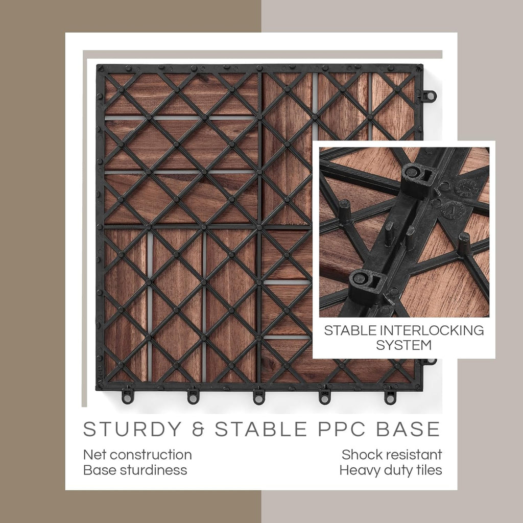 Premium Deck Tiles, Patio Flooring - Set 10 Pcs 12”x12”x0.9” Interlocking Deck Tiles, Waterproof Acacia Wood for