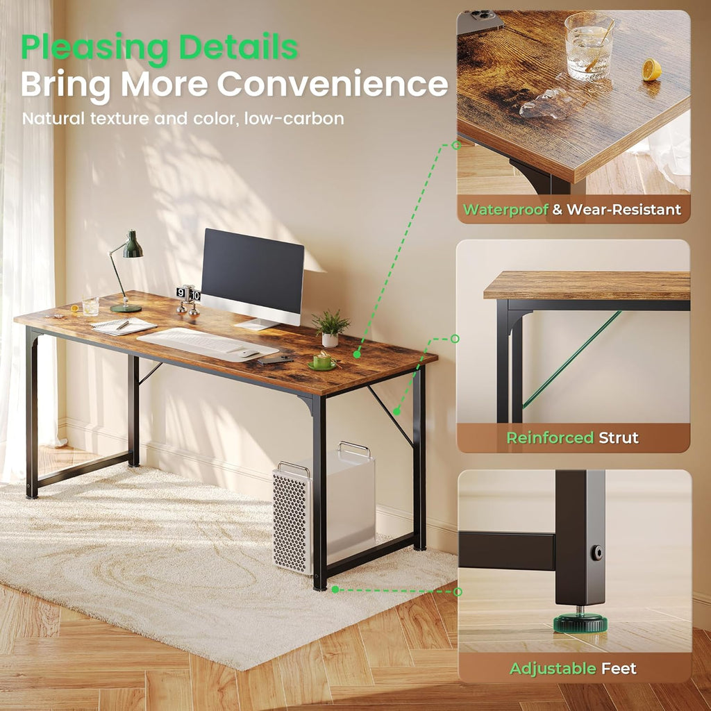 Computer Desk, 55 Inch Home Office Desk, Gaming Writing Work from Home Study Desk, Large Legroom, Sturdy Metal Frame