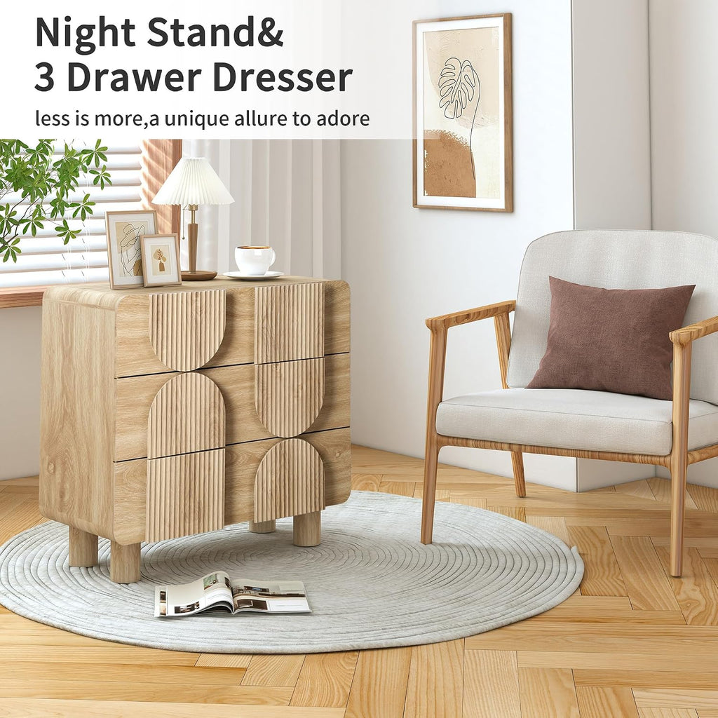 3 Drawer Dressers , 31.5" Wide Large Mid Century Modern Fluted Nightstand, Wood Dresser & Chest of Drawers with