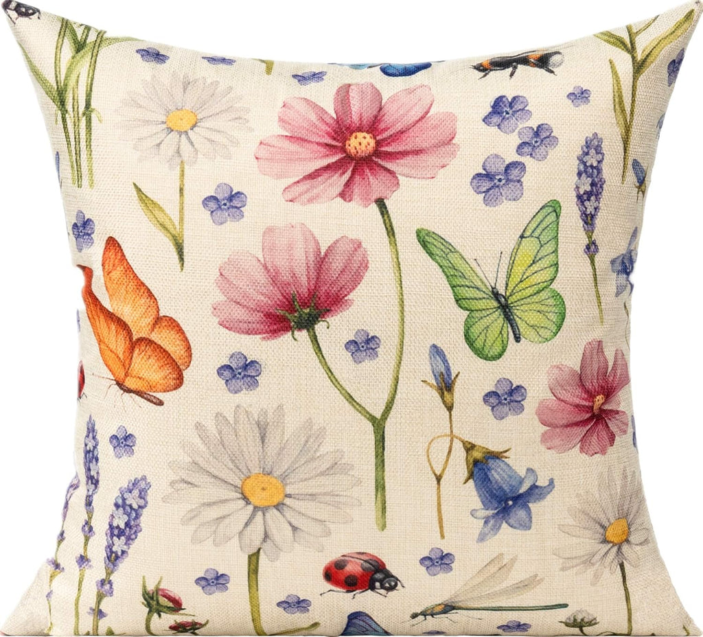 Outdoor Patio Throw Pillow Covers 18x18 Set of 4 Spring Summer Garden Flowers Farmhouse Décor Outside Furniture Bench