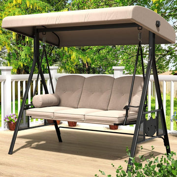 Outdoor Porch Swing, 3-Seat Porch Swing with Adjustable Canopy, Outdoor Swings for Adult with Beige Removable