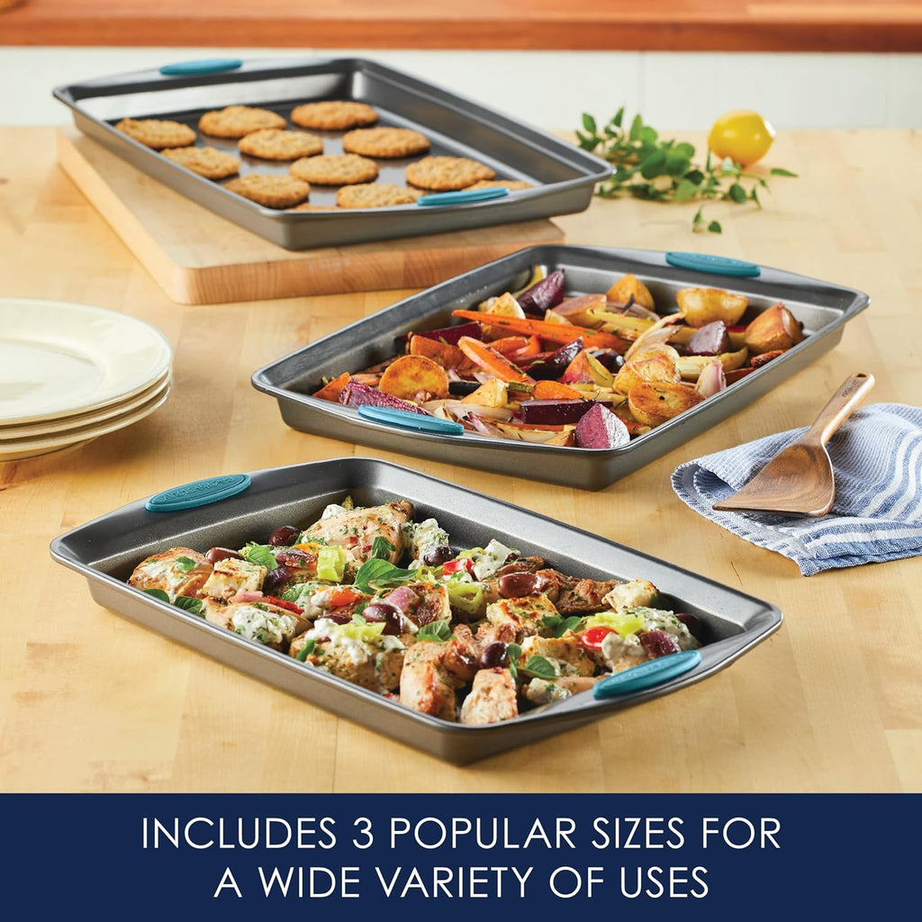 Nonstick Pans Set, 3-Piece Cookie Pan Bakeware, Gray with Agave Blue Silicone Grips