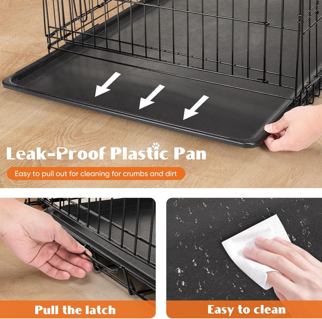 Large Dog Crate, 36 Inch Double Door Folding Metal Wire Dog Cage with Plastic Leak-Proof Pan Tray