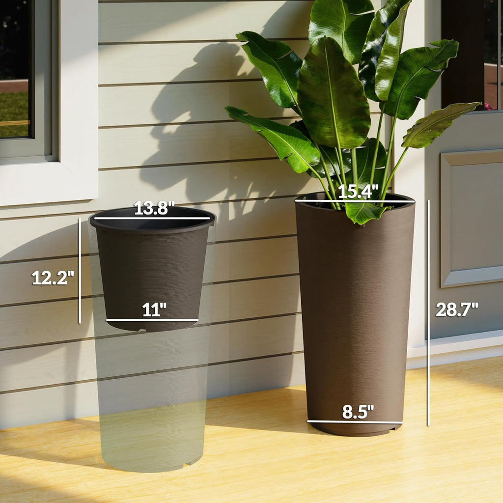 29 Inch Tall Planters for Outdoor Plants Set of 2, Brown | Plastic Flower Pots, DIY Drainage Holes, Stackable Large