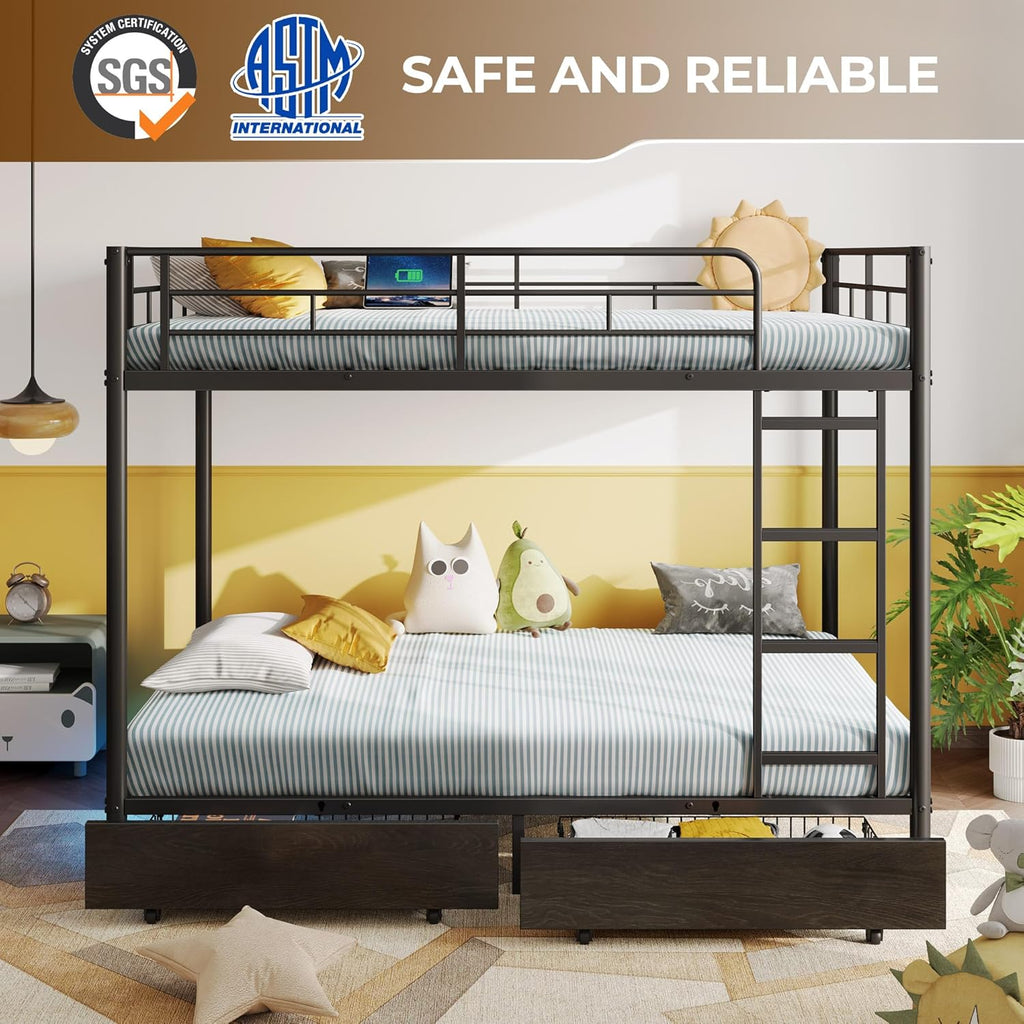 Metal Bunk Bed Full Over Full with USB Charging Station, LED Bunk Bed with 2 Storage Drawers
