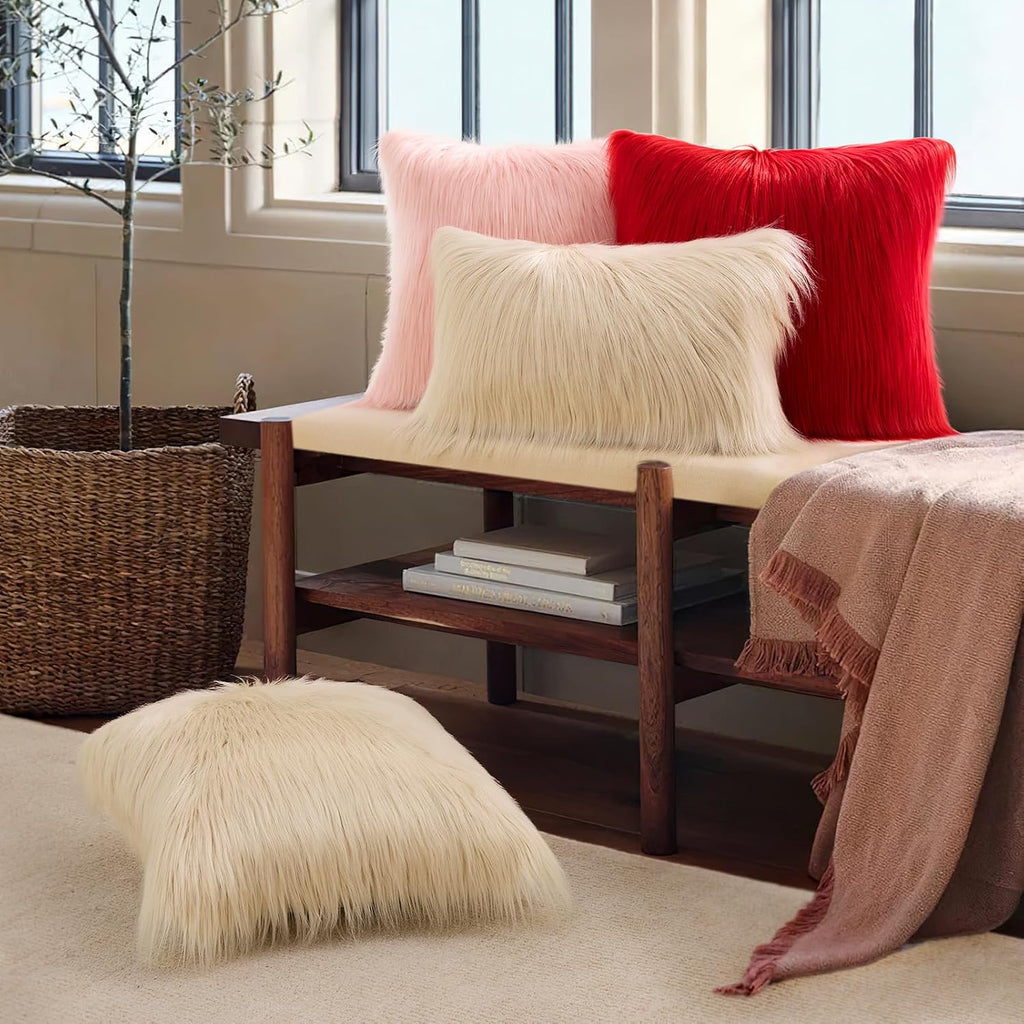 Faux Fur Pillow Cover Decorative Fluffy Throw Pillow Mongolian Luxury Fuzzy Pillow Case Cushion Cover, Light Beige 18