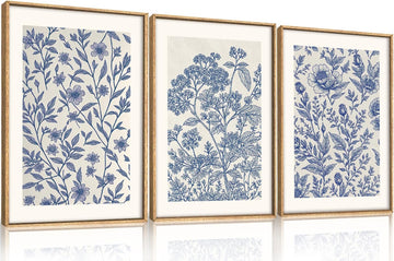 Large Classic Chinoiserie Flower Framed Canvas Wall Art Set,Minimalist Blue and White Floral Wall Decor,Navy