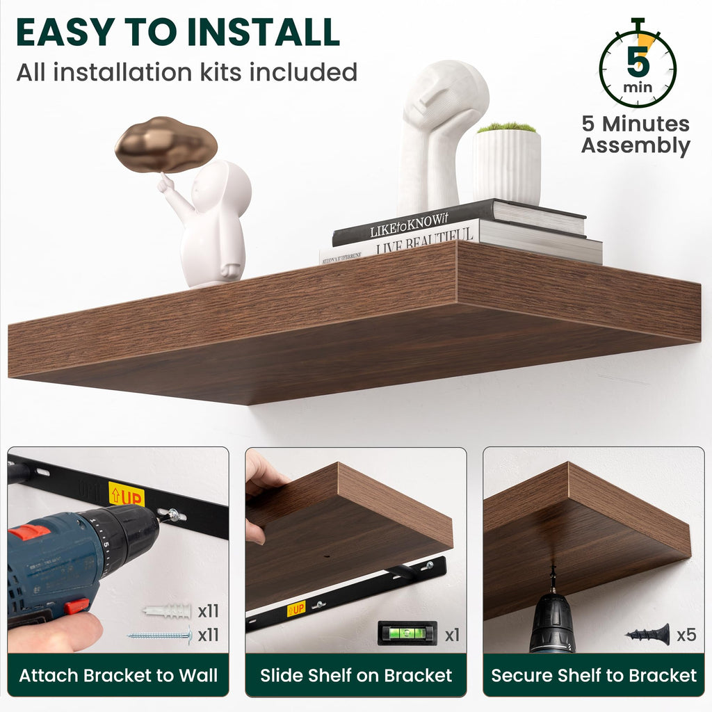 12 Inch Deep Floating Shelves Walnut, 36 Inch Long, 2" Thick Floating Shelves for Wall, Hidden Bracket