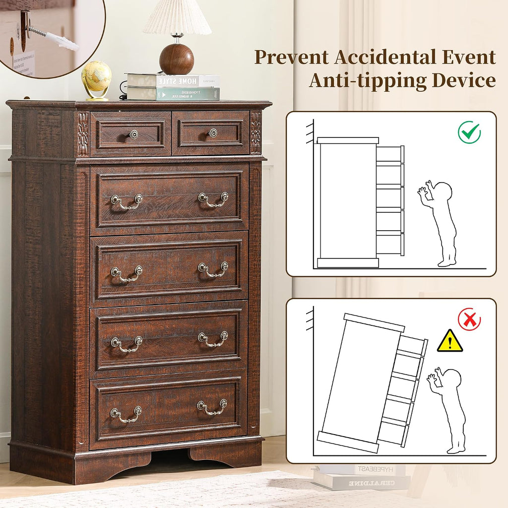 Dresser , 6 Drawers 48" Tall Dresser for Storage and Organization, Dark Brown Farmhouse Chest of Drawers , Closet