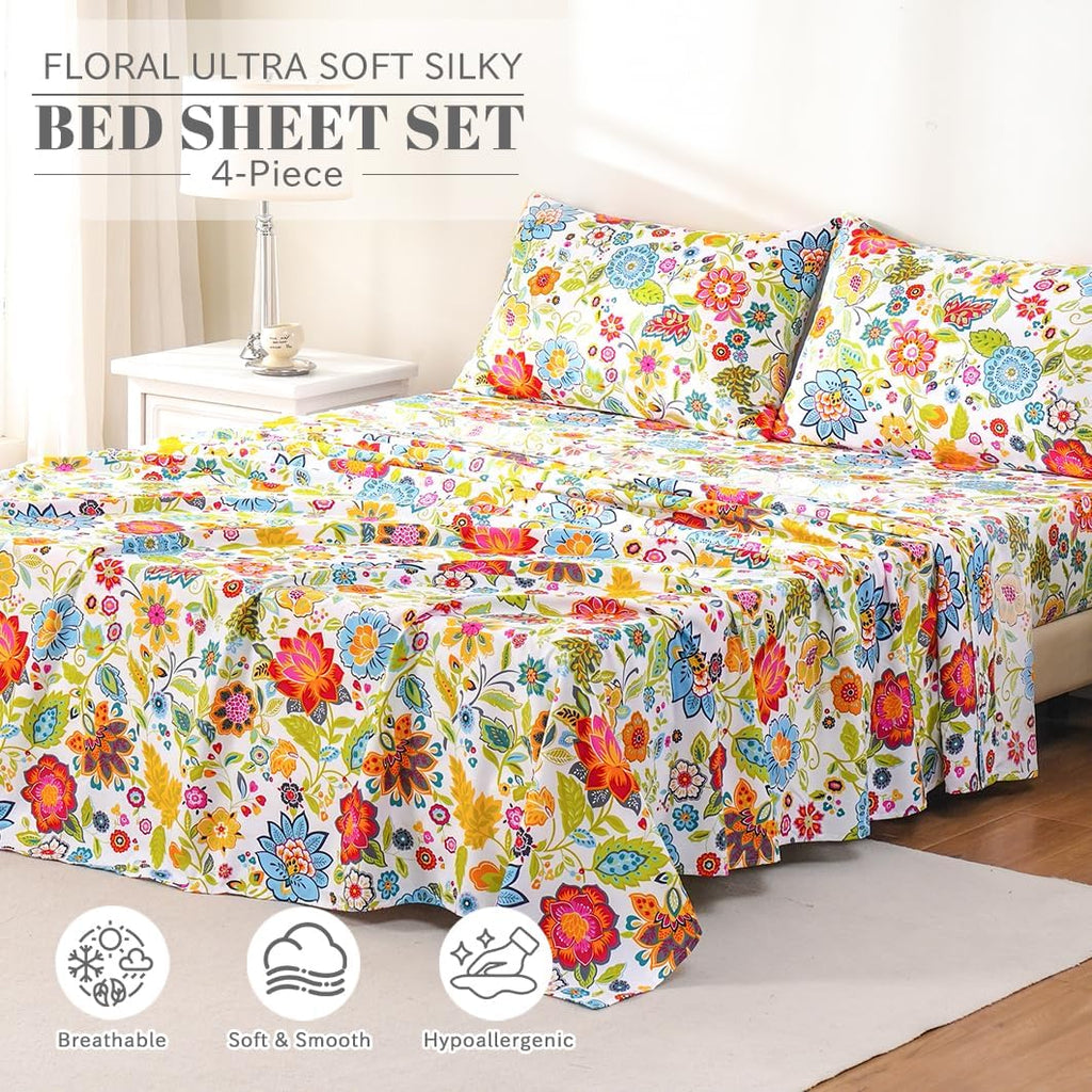 Sheet Set Ultra Soft Breathable Silky Flower Bed Sheets Deep Pocket 100% Microfiber Bedding Sheets 4 Piece