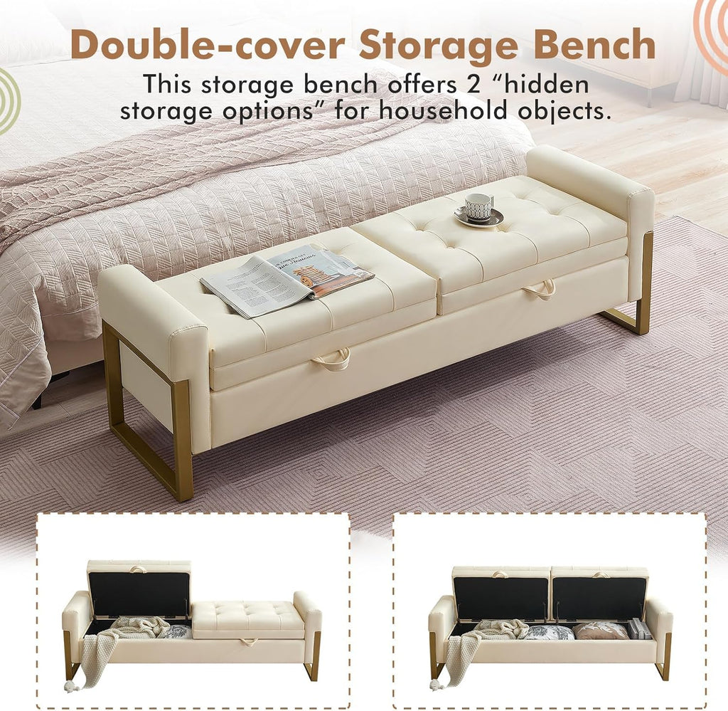 67" Storage Bench End of Bed King Size, Light Cream | Double Lids, Upholstered Faux Leather Storage Bench with Golden