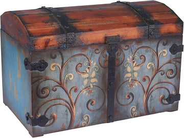 Vintage Wood Storage Trunk, Large, Blue Body/Brown Lid/Floral Design