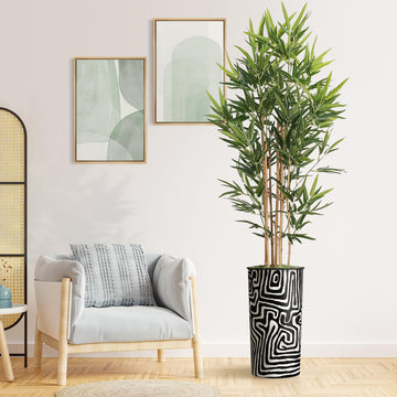 Tree in Modern Geometric Pattern Planter, Fake Bamboo Silk TRE for Indoor and Outdoor Home Decoration - 70" Overall