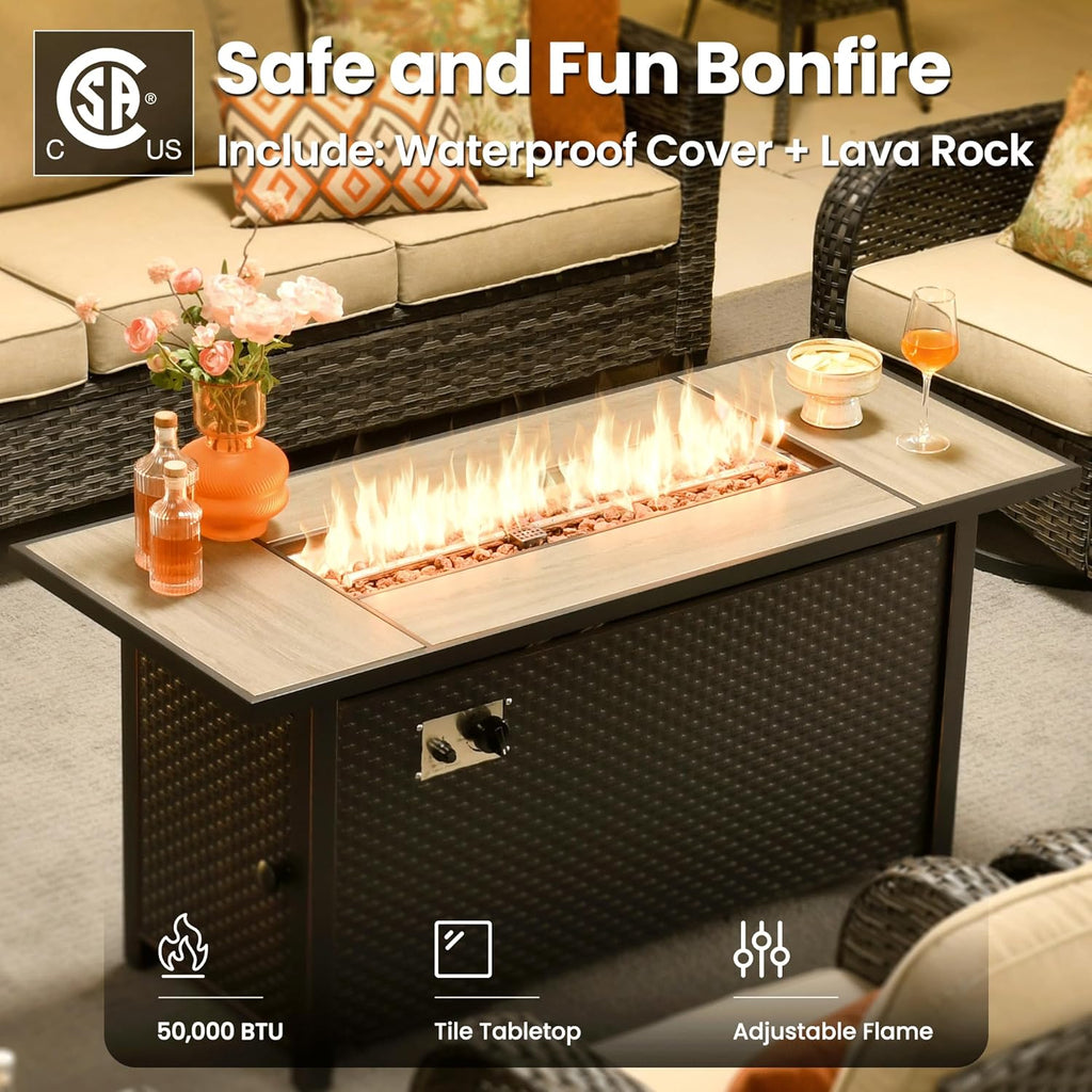 9 Pieces Patio Furniture Set, Outdoor Wicker Sofa Couch with Rocking Swivel Chairs Fire Pit Table
