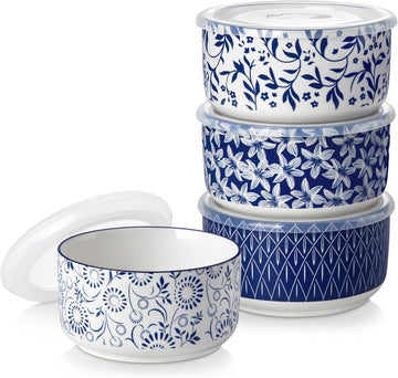 36 Oz Ceramic Serving Bowls with Lids Set of 4, Porcelain Lunch Bowls with Lids for Food Storage, Prep Bowl