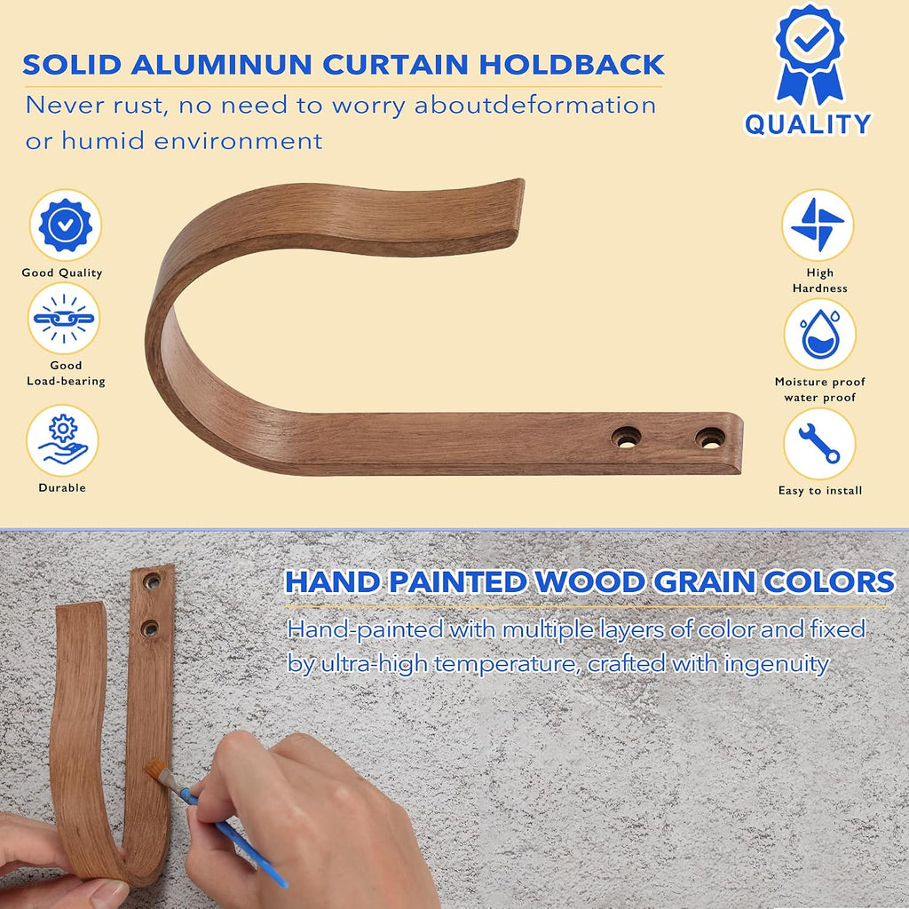 Light Brown Wood Grain Curtain Holdbacks,Solid Aluminum Wall Mounted Curtain Tiebacks & Hooks,U Shape Curtain Holders
