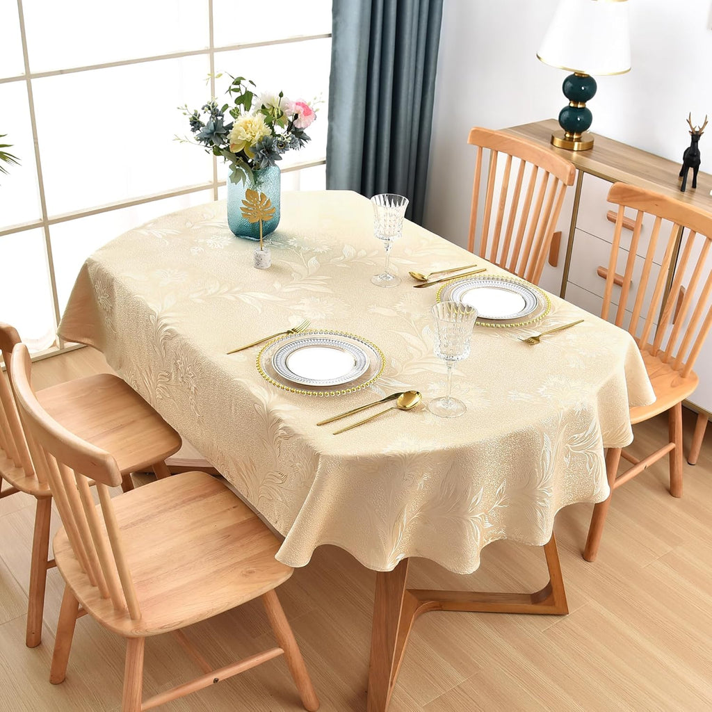 Shiny Oval Jacquard Tablecloth 60 x 102 Inch Beige Floral Countryside Leaves Damask Patterns Table C