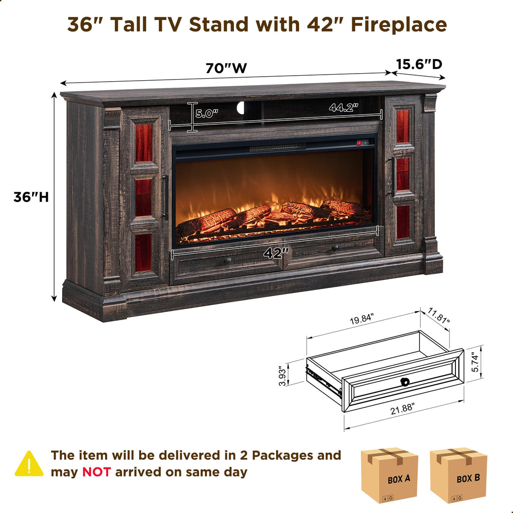 70" Farmhouse TV Stand with 42" Electric Fireplace, Dark Rustic Oak