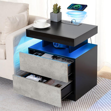 LED Nightstand with Wireless Charging Station & USB Ports High Gloss Bedside Table with LED Light RGB Adjustable