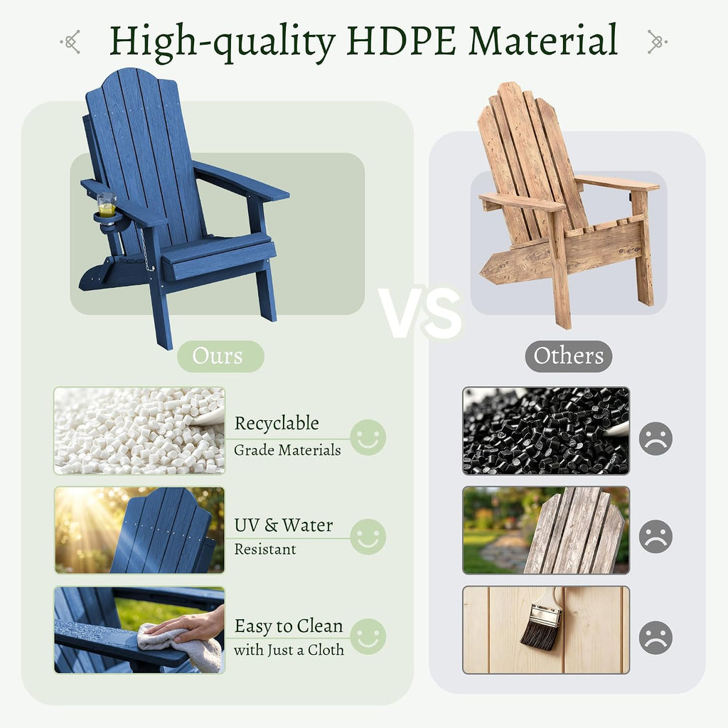 Folding Adirondack Chair Set of 2, Heavy-Duty 360LBS HDPE Outdoor Chair with Textured Wood-Grain Finish, Comfortable