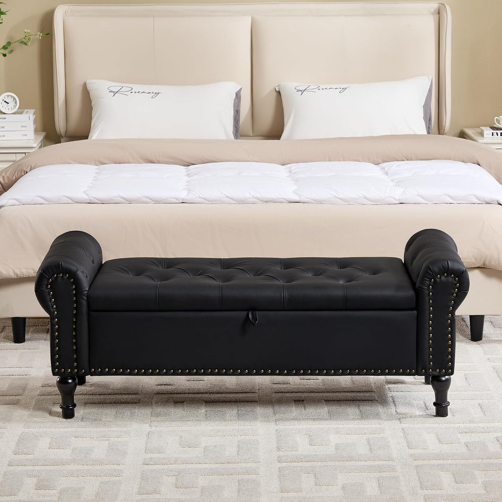 Storage Bench , 51" Upholstered End of Bed Bench, Faux Leather Queen Size Benches with Rolled Arms, Tufted Button
