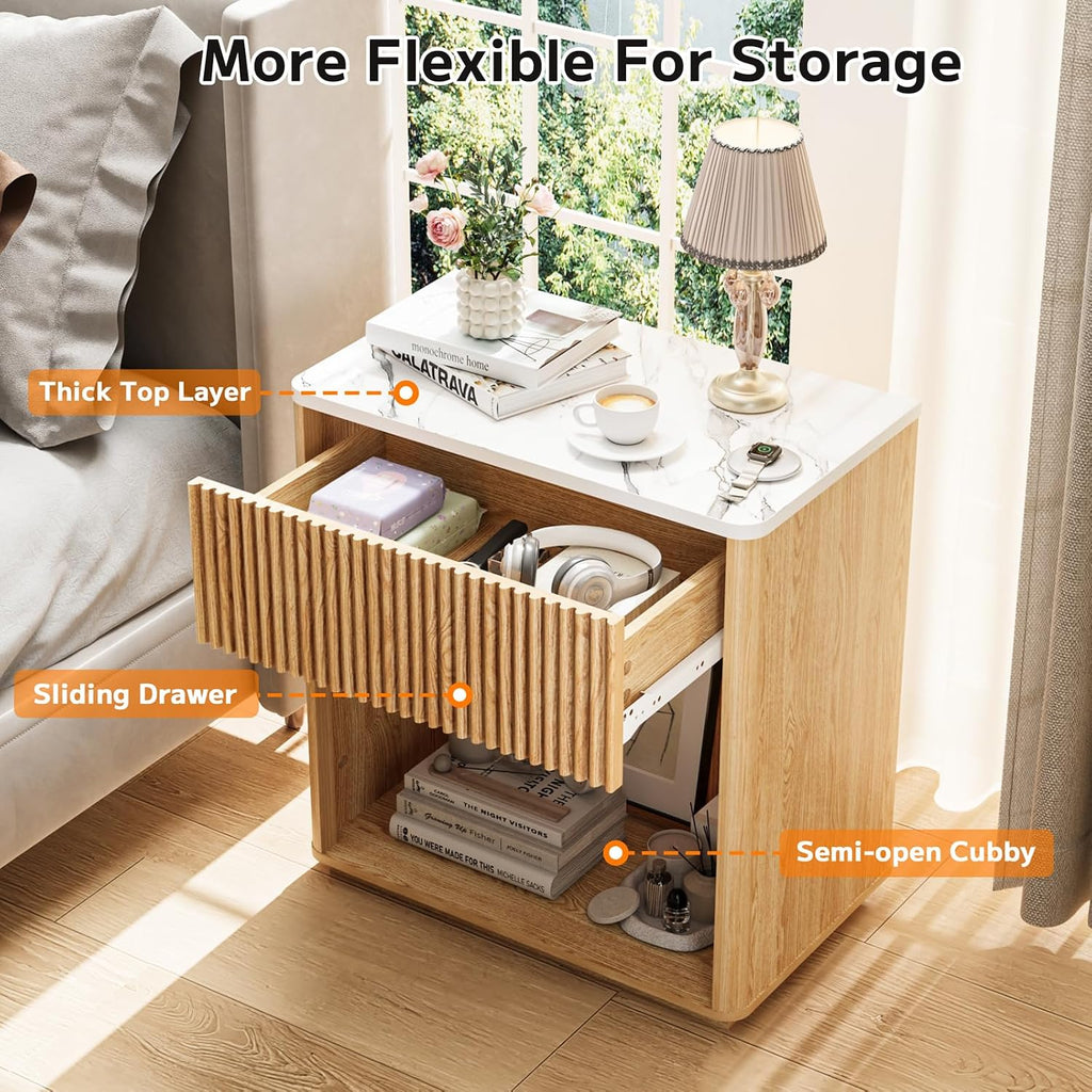 Modern Fluted Nightstand Set of 2 , Mid Century Bedside Table Set with Marble Top & Drawer, Wood End Table, 2