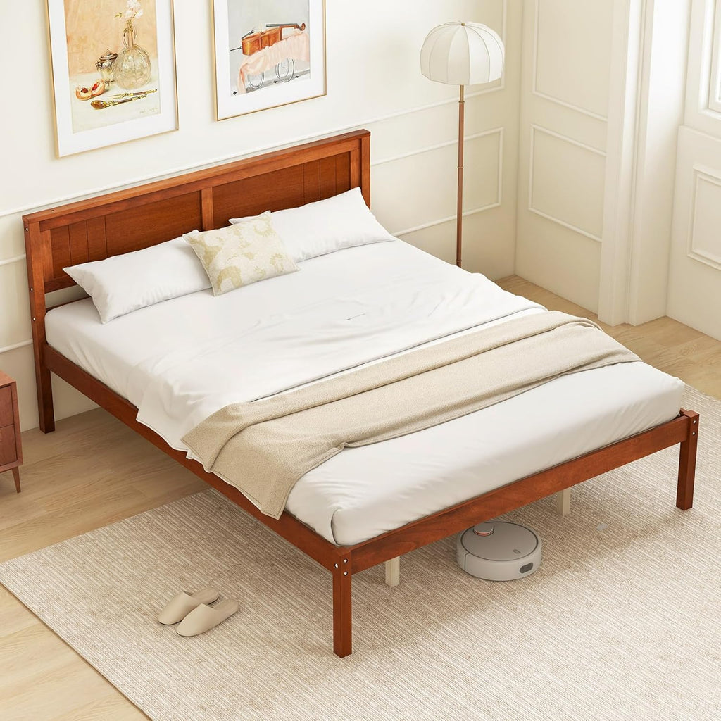 Queen Wood Platform Bed Frame with Headboard, Mid Century Queen Bed Frame with Wood Slat Support, Solid Wood