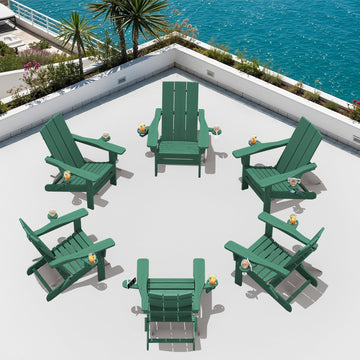 Modern Folding Adirondack Chairs Set of 6, HDPE, Cup Holders, Green