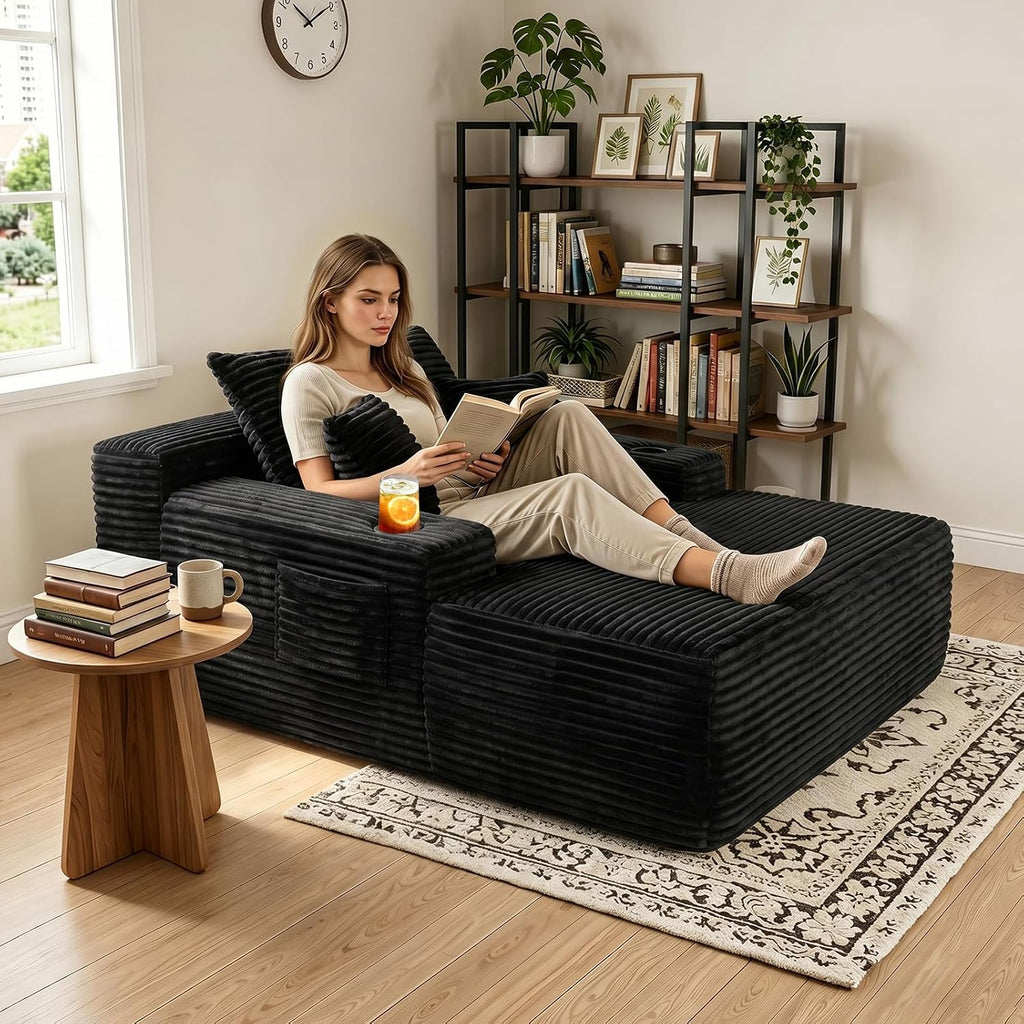 65" Oversized Boneless Chaise Lounge Chair Indoor, Corduroy Sleeper Bed with No Assembly , Reading Nook, Lounge, Black